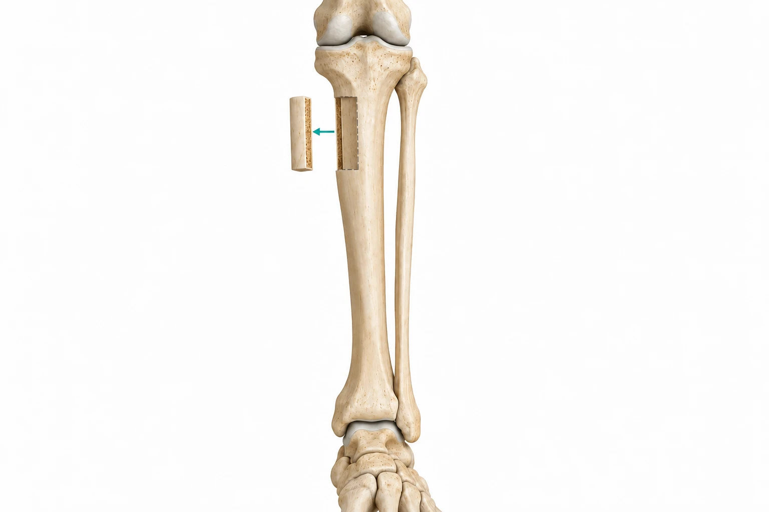 TTT illustration: a larger cortical strip is moved sideways from the proximal tibia while the main shaft and fibula remain continuous